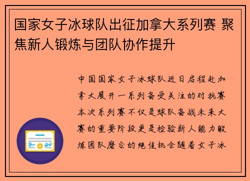 国家女子冰球队出征加拿大系列赛 聚焦新人锻炼与团队协作提升